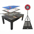 Versatile 7-in-1 grey games table featuring layers for ping pong, air hockey, billiards, and darts, with LED light for enhanced play