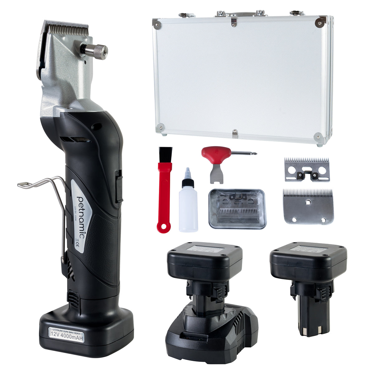 Cordless black horse clippers with ergonomic handle, two rechargeable batteries, cleaning brush, and various clipper attachments in a silver carrying case