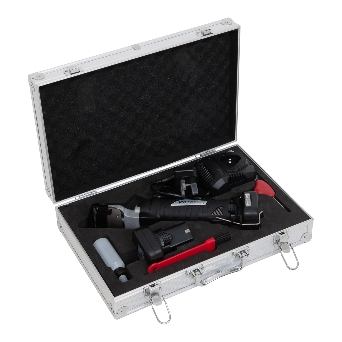 Cordless horse clippers in a sleek black design, displayed in a silver carrying case with foam padding and accessories included