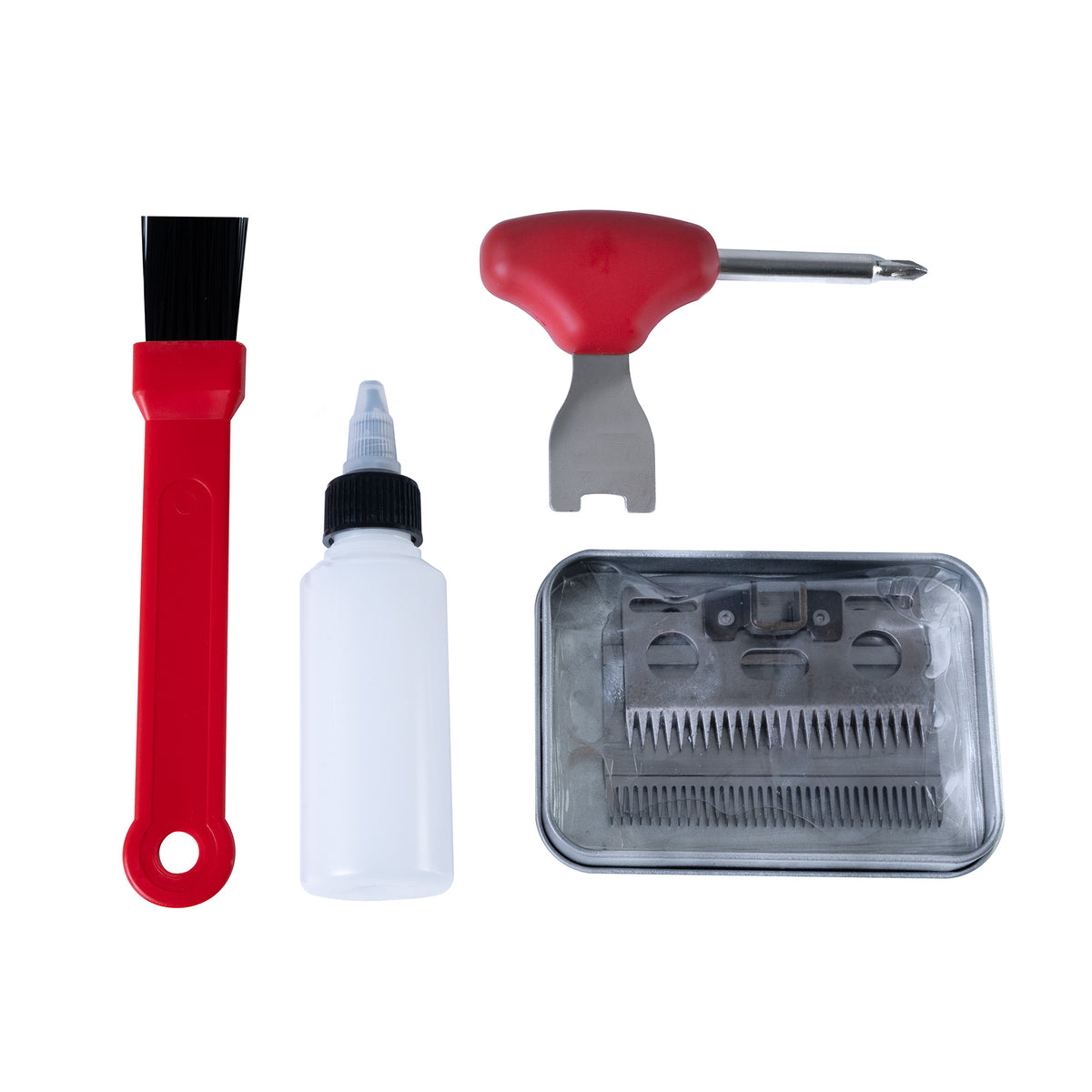 Cordless horse clippers in black with a red cleaning brush, oil bottle, screwdriver, and blade maintenance tool in a metal case