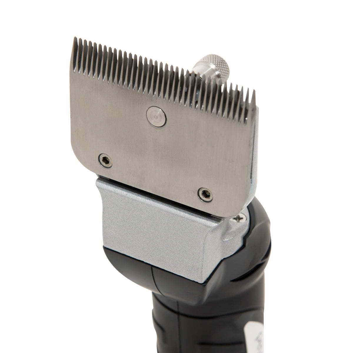 Cordless horse clippers with a sleek black handle, featuring a stainless steel blade for precise grooming and a comfortable grip