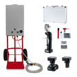 Portable horse shower system with cordless clippers, featuring a stainless steel tank, red cart, and essential grooming tools