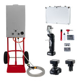 Portable horse shower system with cordless clippers, featuring a stainless steel tank, red cart, and essential grooming tools