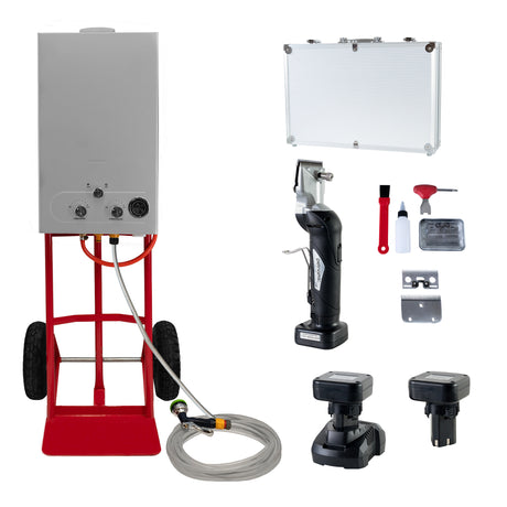 Portable horse shower system with cordless clippers, featuring a stainless steel tank, red cart, and essential grooming tools