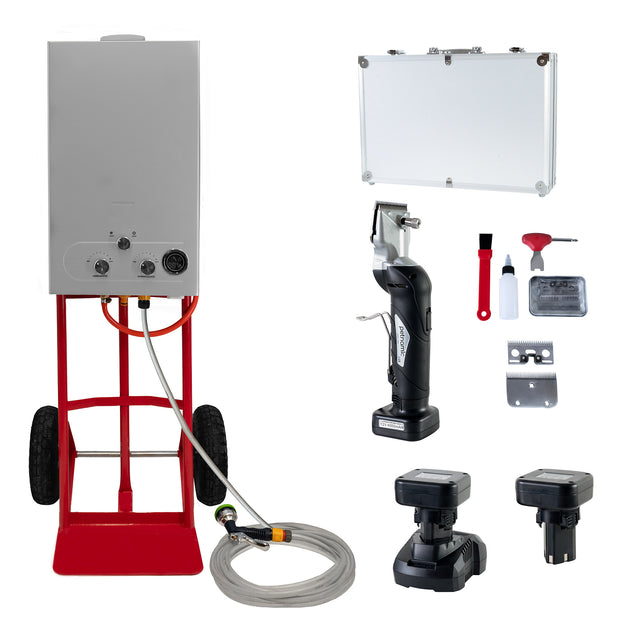 Portable horse shower system with cordless clippers, featuring a stainless steel tank, red cart, and essential grooming tools