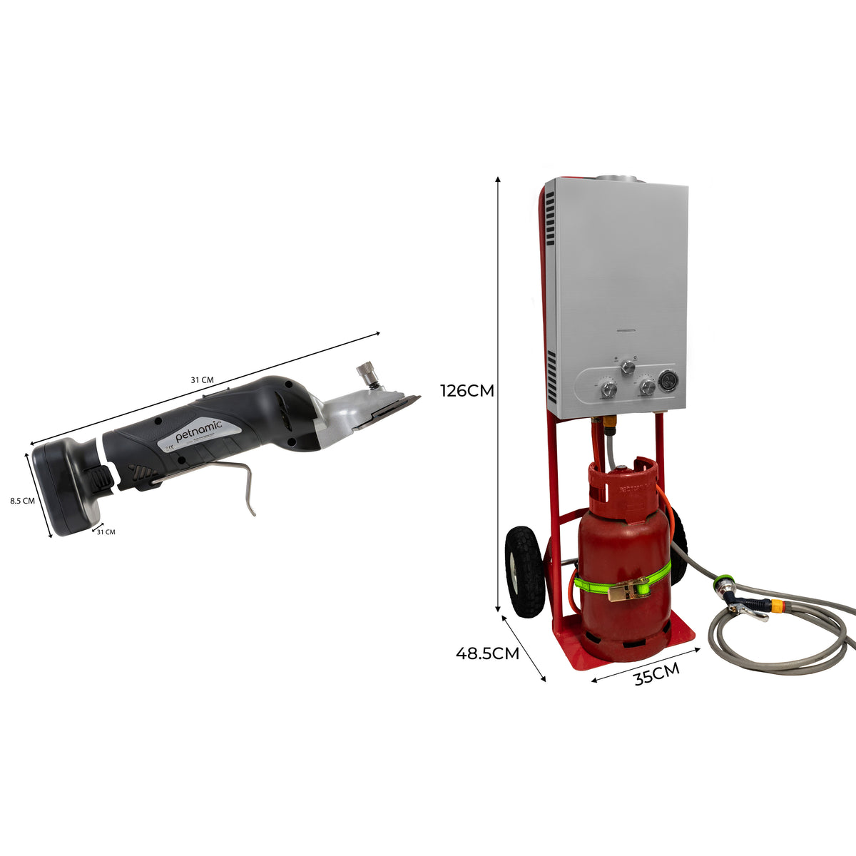 Electric meat slicer with a sleek black handle, stainless steel blade, and a red gas cylinder with a hose, measuring 126 cm tall