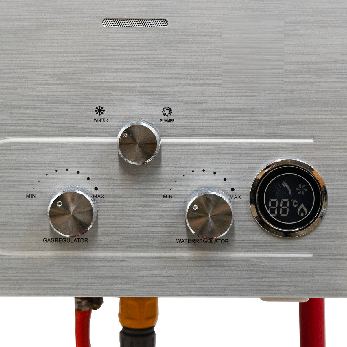 Stainless steel horse shower control panel with knobs for gas and water regulation, featuring a digital temperature display