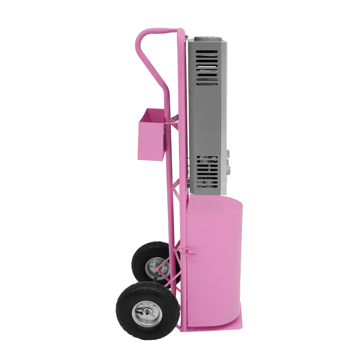 Pink portable cart with large wheels, featuring a tall, silver heating element and a side storage compartment for convenience