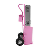 Pink portable cart with large wheels, featuring a tall, silver heating element and a side storage compartment for convenience