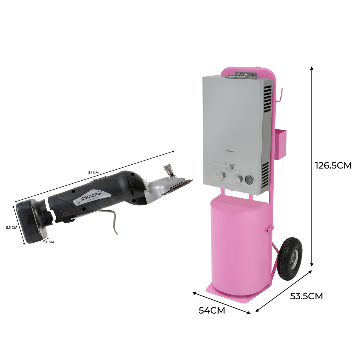 Pink horse shower unit with a sleek silver control panel and cordless clippers, featuring a sturdy base and wheels for mobility