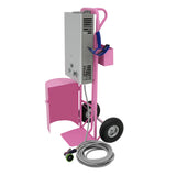 Cordless pink horse shower with a sleek silver control panel, mounted on a sturdy cart with wheels and a coiled hose for easy mobility