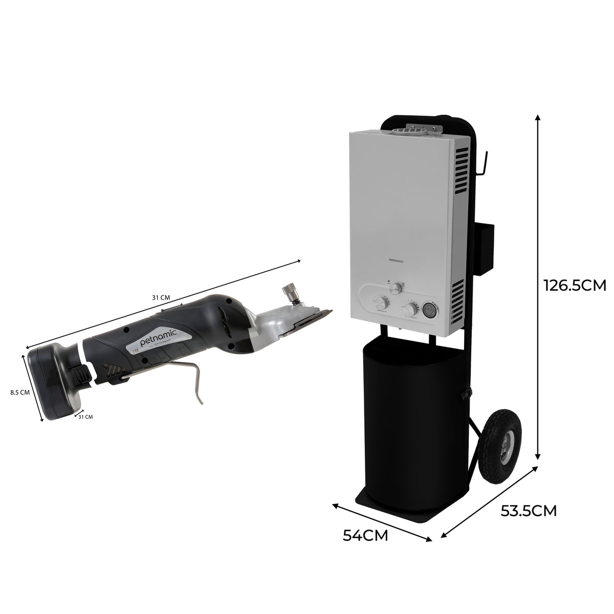 Cordless black horse clippers with a sleek design, accompanied by a portable shower unit, showcasing dimensions and functionality