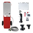Cordless red horse shower and clippers set with a sleek metal body, hoses, battery packs, and grooming accessories for efficient use