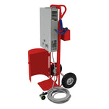 Cordless horse shower in vibrant red, featuring a sturdy cart, hose, and clippers, designed for efficient grooming and washing
