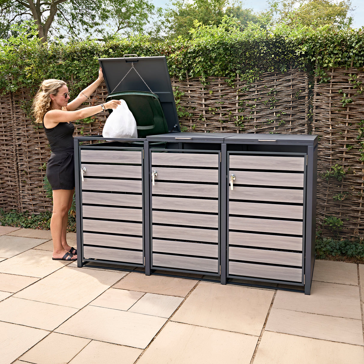 Triple Wheelie Bin Metal Storage - Anthracite Grey Wood - view 13