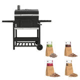 XL BBQ smoker grill in sleek black with side shelves, accompanied by bags of wood chips in various flavors for enhanced grilling flavor