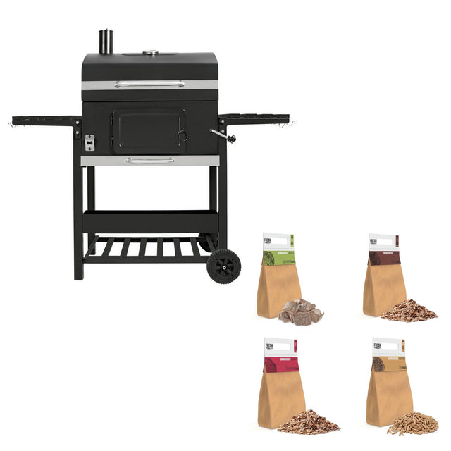 XL BBQ smoker grill in sleek black with side shelves, accompanied by bags of wood chips in various flavors for enhanced grilling flavor