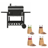 XXL black BBQ smoker grill with side shelves, featuring wood chip bags in various flavors for enhanced grilling flavor