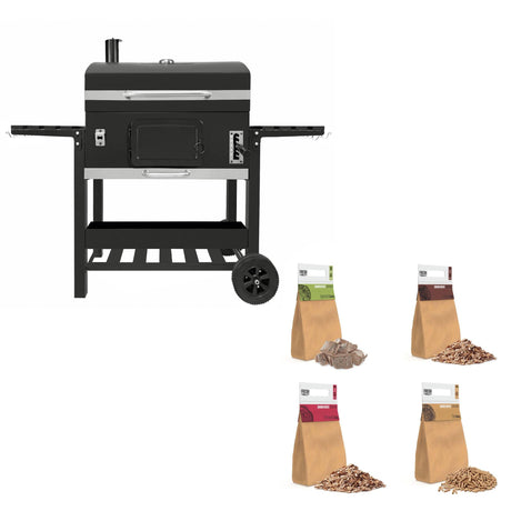 XXL black BBQ smoker grill with side shelves, featuring wood chip bags in various flavors for enhanced grilling flavor