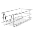 Chrome pull-out storage basket with a sleek, open design, ideal for organizing kitchen cabinets and maximizing space