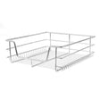 Stainless steel pull-out storage basket with a sleek, open design, ideal for organizing kitchen cabinets and maximizing space