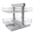 Left-hand pull-out kitchen cupboard drawers with silver metal wire baskets, featuring a sleek, modern design and smooth sliding mechanism