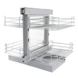 Silver metal pull-out kitchen cupboard drawers with two wire shelves, designed for corner spaces, featuring a sleek, modern finish