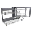 Corner kitchen cupboard pull-out drawers in sleek silver metal, featuring multiple wire shelves for organized storage and easy access