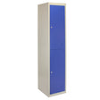 Two-door metal storage locker in blue with a sleek design, flatpacked for easy assembly, featuring a smooth finish and sturdy construction
