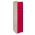 Tall, two-door metal storage locker in vibrant red with a smooth finish, featuring ventilation slots and a sleek design, flatpacked for easy assembly
