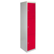 Three-door metal storage lockers in vibrant red with a sleek silver frame, featuring textured doors and a flatpacked design