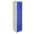 Four-door metal storage lockers in a flatpack design, featuring a sleek blue finish and textured surfaces for durability