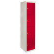 Four-door metal storage lockers in vibrant red with a sleek white frame, featuring ventilation slots and secure locks, flatpacked for easy assembly
