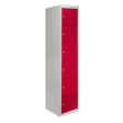 Six-door metal storage lockers in vibrant red with a sleek silver frame, featuring ventilation slots and secure locking mechanisms