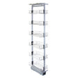 Sleek silver kitchen larder with six pull-out wire baskets, designed for soft close functionality and adjustable height of 170-195cm