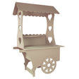 Light brown wooden candy cart with heart-shaped cutouts, scalloped edges, and a decorative wheel, perfect for weddings and events