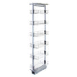 Sleek silver kitchen larder unit with six pull-out wire baskets, designed for soft close functionality and adjustable height
