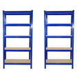 Two blue metal racking units with five shelves each, featuring a sturdy design and smooth, textured surfaces for storage efficiency