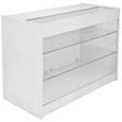 Brilliant white retail display cabinet with three glass shelves, sleek design, and a modern finish, perfect for showcasing products