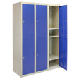 Three flatpack metal storage lockers with two blue doors each, featuring a sleek design, shelves, and a sturdy finish