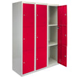 Three-door metal storage lockers in vibrant red with a sleek white frame, featuring a spacious interior and sturdy construction