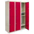 Three flatpack metal storage lockers with two red doors each, featuring a sleek design, smooth finish, and spacious interior shelves