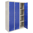 Four-door metal storage lockers in blue with a sleek design, featuring a flatpack structure and multiple compartments for organization
