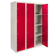 Three flatpack metal storage lockers with four red doors and a light gray frame, featuring a sleek design and ample storage space