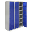 Metal storage lockers with six blue doors, featuring a sleek gray frame and ventilation slots, ideal for organized storage solutions