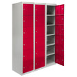 Three metal storage lockers with six red doors, featuring a sleek gray frame and a smooth, durable finish, ideal for organizing belongings