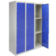 Three blue metal storage lockers with three doors, featuring a flatpack design and a sleek, modern finish, ideal for organizing spaces