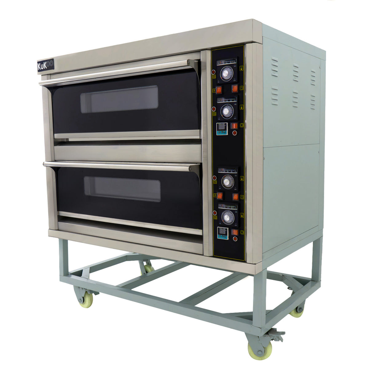 Large commercial pizza oven with two black glass doors, stainless steel body, control panel, and sturdy wheeled base for mobility