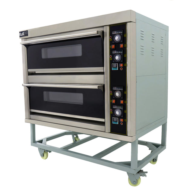 Large commercial pizza oven with two black glass doors, stainless steel body, control panel, and sturdy wheeled base for mobility