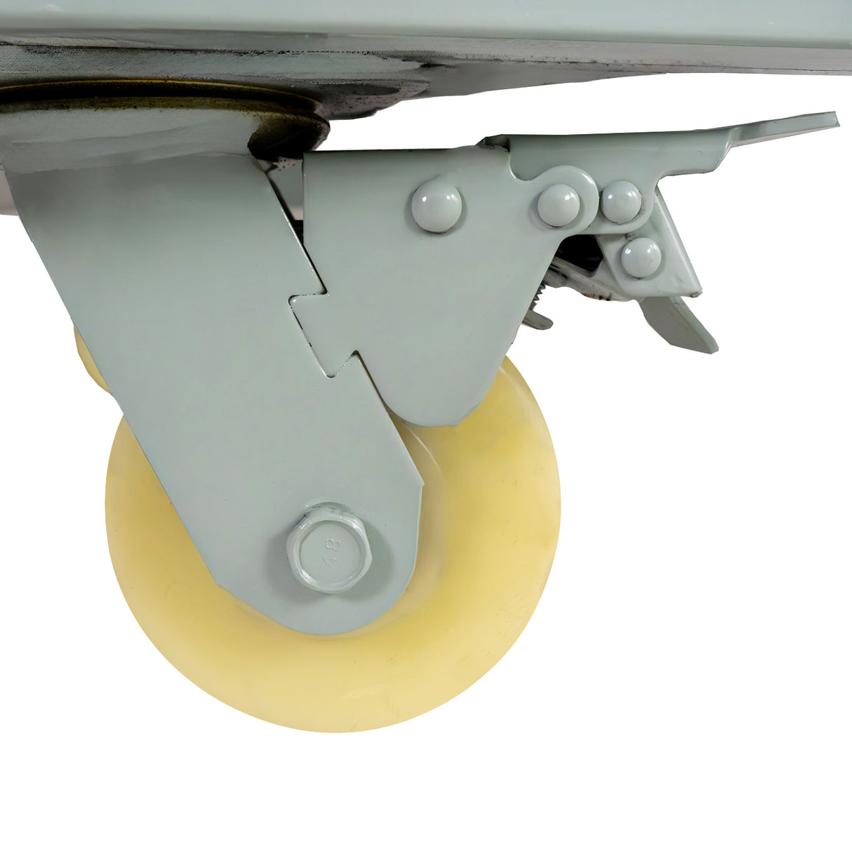 Close-up of a sturdy, gray metal wheel with a smooth, yellow polyurethane tire, designed for easy mobility of commercial ovens
